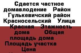 Сдается частное домавлодение › Район ­ Гулькевичский район Красносельский › Улица ­ Красная › Этажность дома ­ 1 › Общая площадь дома ­ 60 › Площадь участка ­ 800 › Цена ­ 2 000 - Краснодарский край Недвижимость » Дома, коттеджи, дачи аренда   